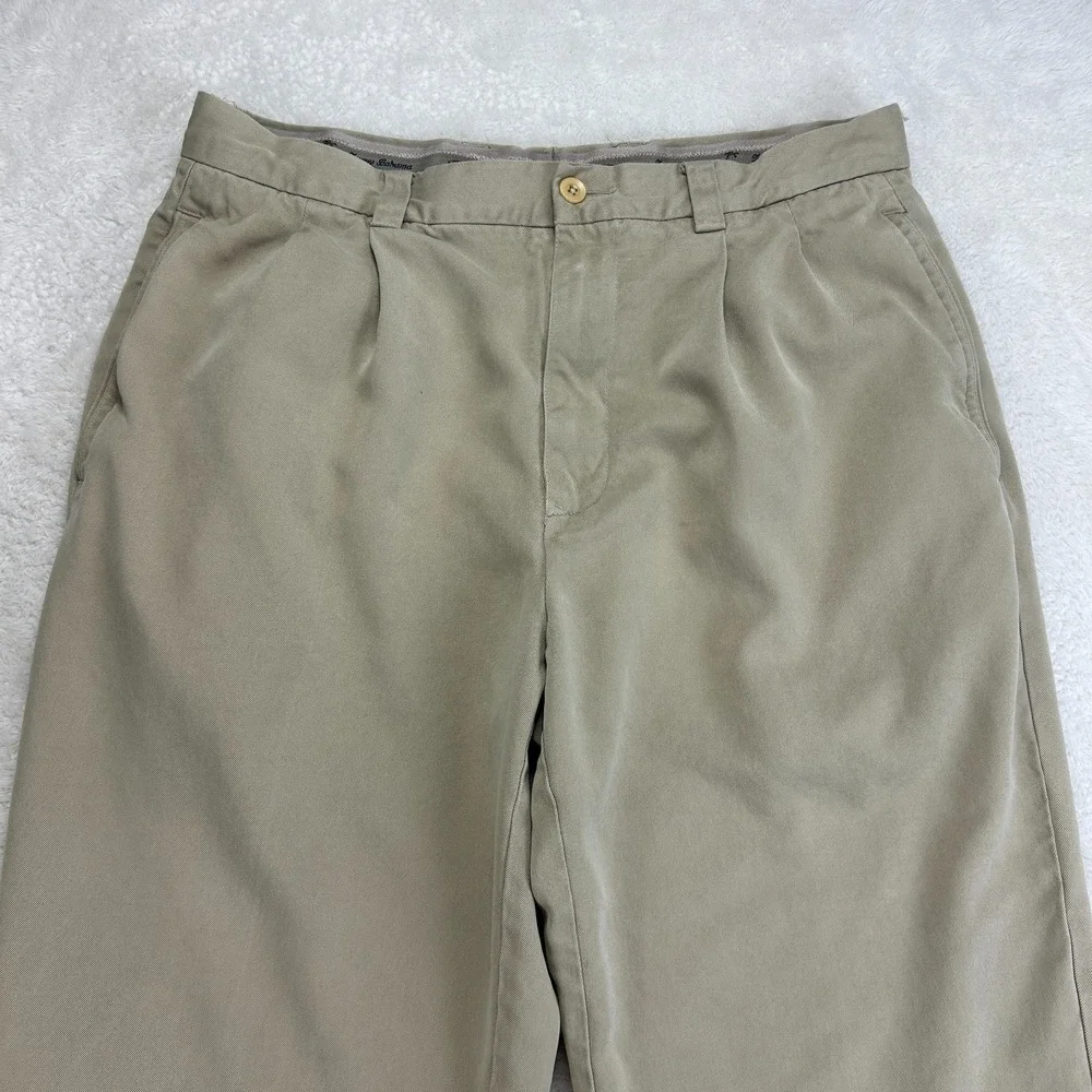 Tommy Bahama Silk Pleated Chino Pants Mens 34x32 Beige Relaxed Fit Mid Rise